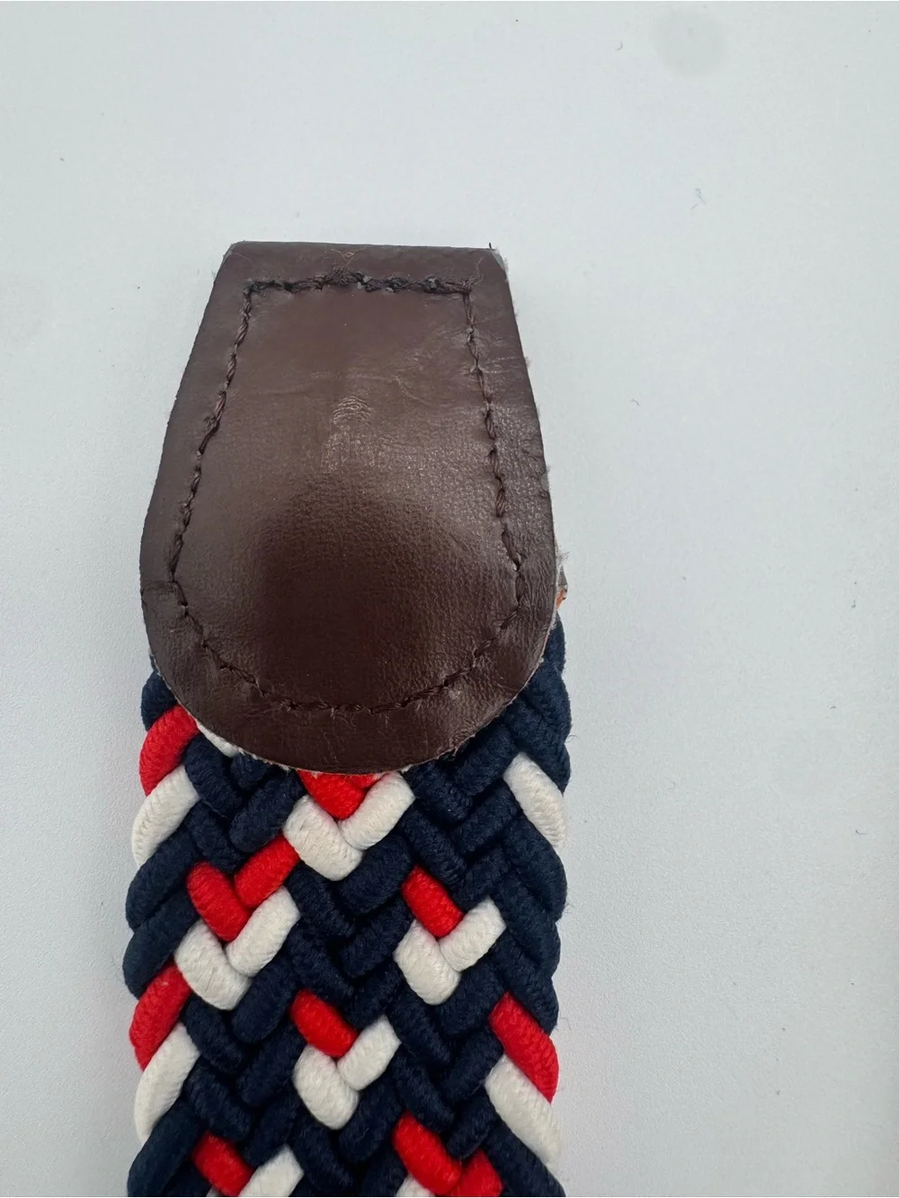 Vintage Braided Stretch Belt Navy Red White Brown Leather Trim Preppy Nautical